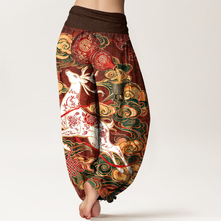 Buddha Stones Cotton Ornate Auspicious Cloud Chinese Knot Pattern Women's Elastic Waist Harem Pants - image 1