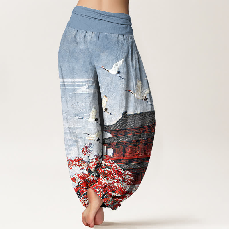 Buddha Stones Cotton Scenic Pavilion Bird Pattern Women's Elastic Waist Harem Pants - image 1