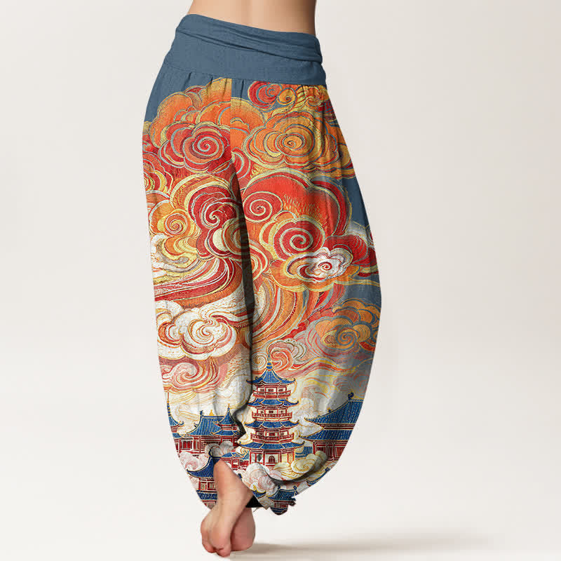 Buddha Stones Cotton Ethnic Floral Spiral Pattern Women's Elastic Waist Harem Pants - image 1