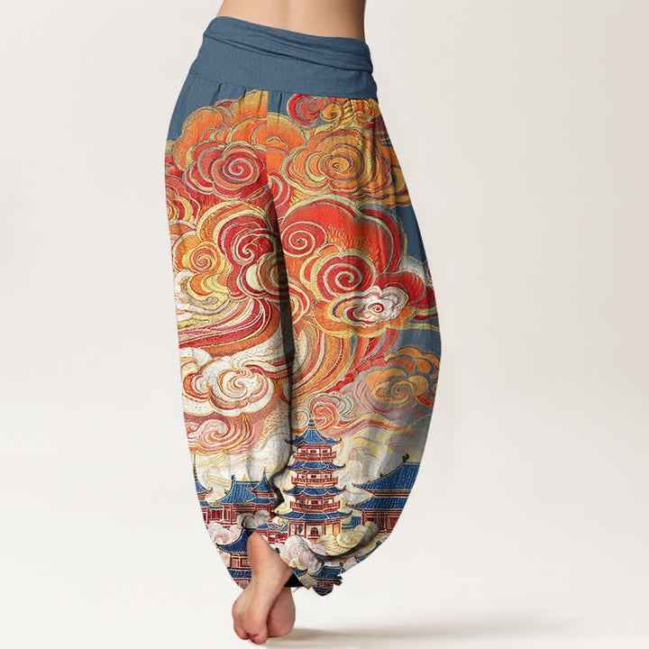 Buddha Stones Cotton Ethnic Floral Spiral Pattern Women's Elastic Waist Harem Pants - image 1