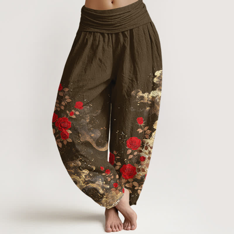 Buddha Stones Cotton Bohemian Rose Cloud Pattern Women's Elastic Waist Harem Pants - Olive - US16，UK/AU20，EU48 (3XL) - image 8