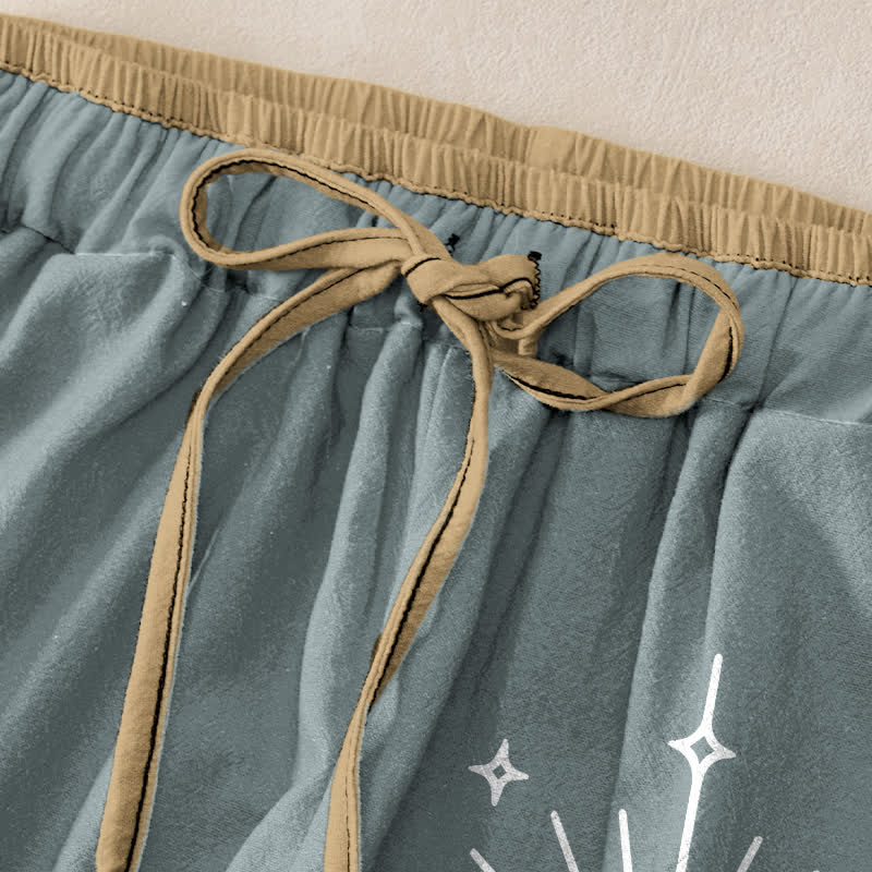 Buddha Stones Pure Cotton Bohemian Lotus Moon Star Pattern Women's Elastic Waist Pants With Pockets - image 1
