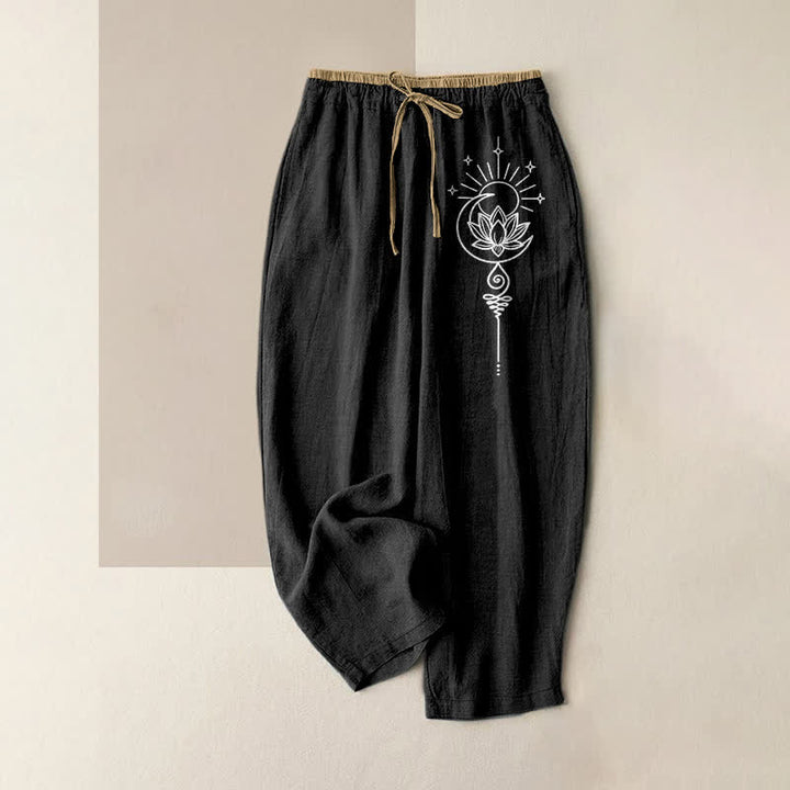 Buddha Stones Pure Cotton Bohemian Lotus Moon Star Pattern Women's Elastic Waist Pants With Pockets - Black - US16，UK/AU20，EU48 (3XL) - image 4
