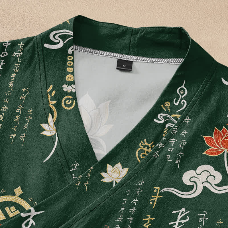 Buddha Stones Cotton Zen Lotus Script Print Wrap V-Neck Lace-up Women's Long Sleeve Shirts Kimono - image 2