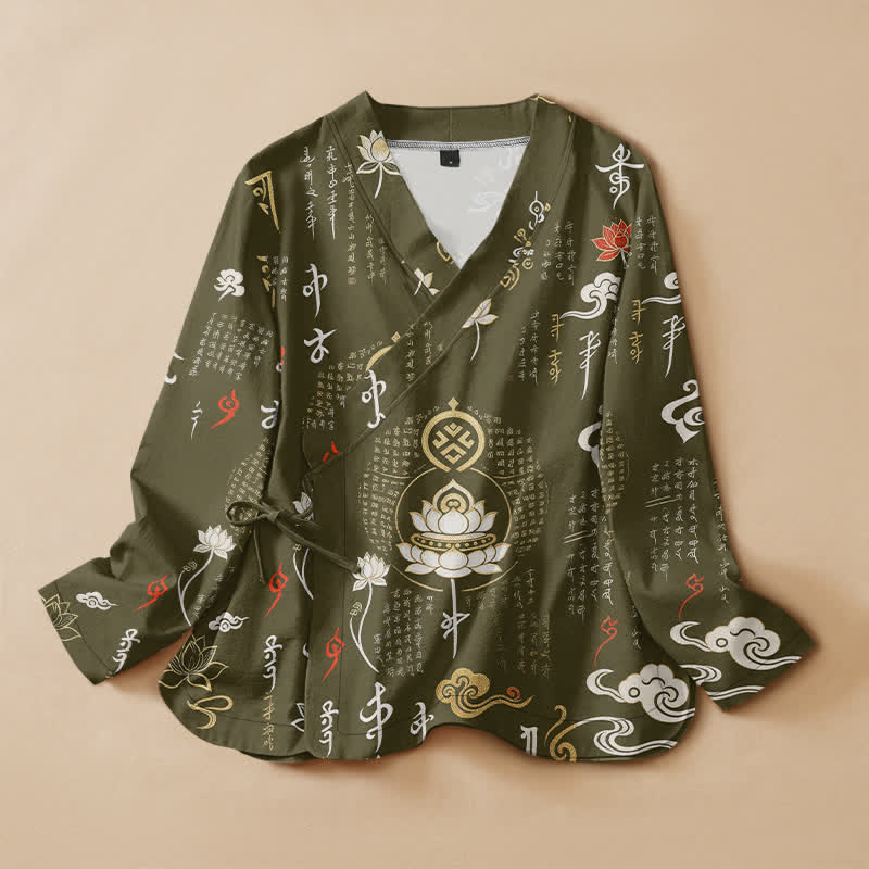 Buddha Stones Cotton Zen Lotus Script Print Wrap V-Neck Lace-up Women's Long Sleeve Shirts Kimono - DarkOliveGreen - US16，UK/AU20，EU48 (3XL) - image 5