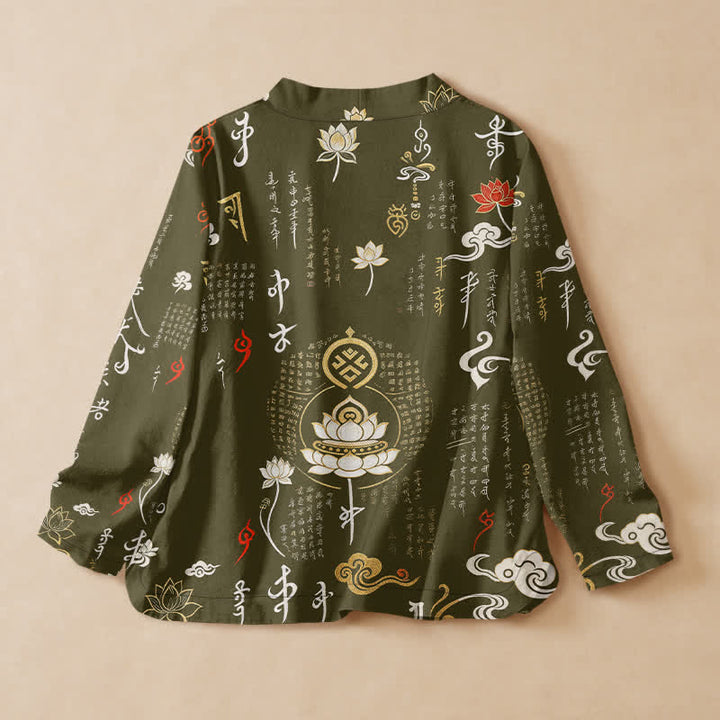 Buddha Stones Cotton Zen Lotus Script Print Wrap V-Neck Lace-up Women's Long Sleeve Shirts Kimono - image 6