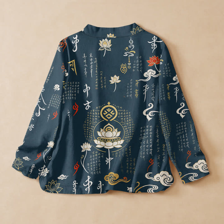 Buddha Stones Cotton Zen Lotus Script Print Wrap V-Neck Lace-up Women's Long Sleeve Shirts Kimono - image 8