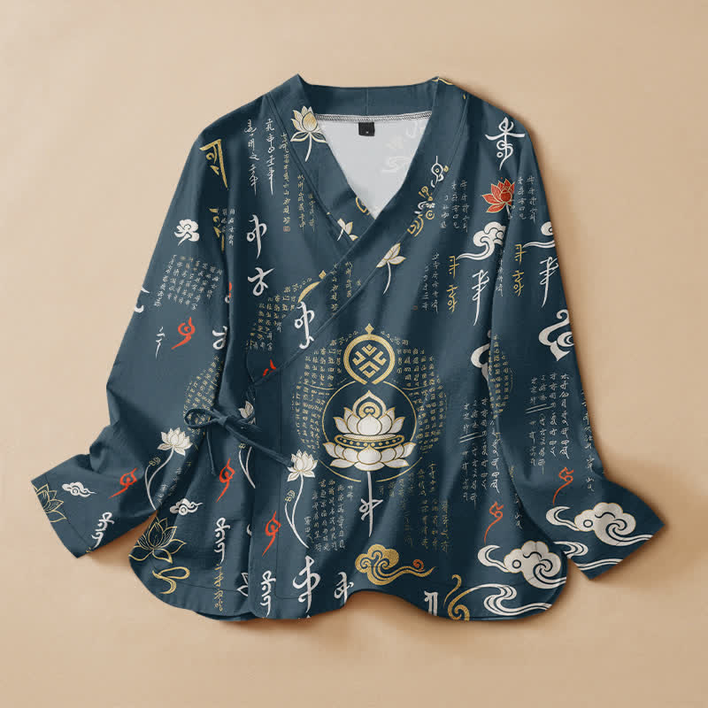 Buddha Stones Cotton Zen Lotus Script Print Wrap V-Neck Lace-up Women's Long Sleeve Shirts Kimono - DarkSlateGray - US16，UK/AU20，EU48 (3XL) - image 7