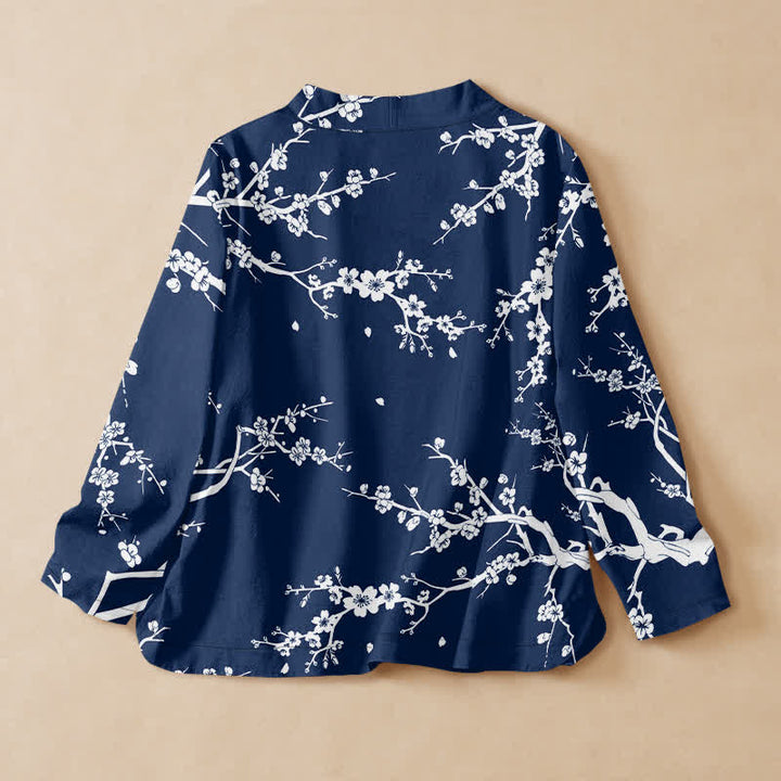 Buddha Stones Cotton Oriental Leaf Bloom Pattern Wrap V-Neck Lace-up Women's Long Sleeve Shirts Kimono - image 1