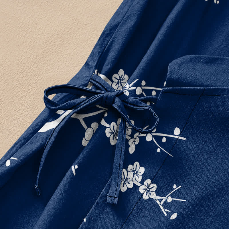 Buddha Stones Cotton Oriental Leaf Bloom Pattern Wrap V-Neck Lace-up Women's Long Sleeve Shirts Kimono - image 3