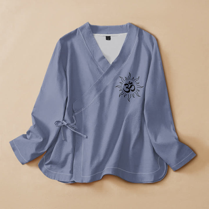 Buddha Stones Cotton Boho Om Symbol Pattern Wrap V-Neck Lace-up Women's Long Sleeve Shirts Kimono - MediumSlateBlue - US16，UK/AU20，EU48 (3XL) - image 0