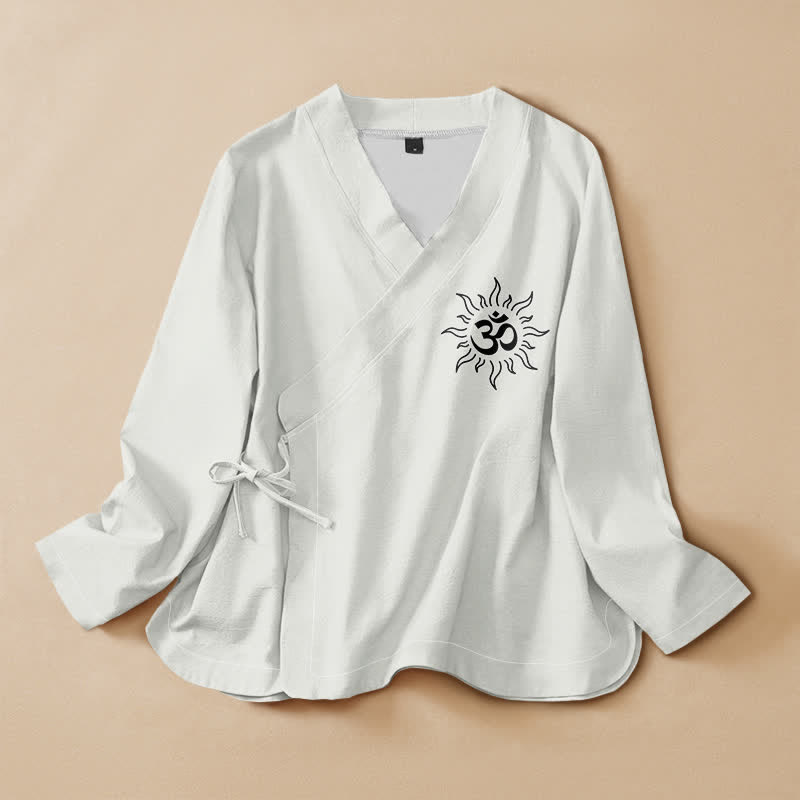 Buddha Stones Cotton Boho Om Symbol Pattern Wrap V-Neck Lace-up Women's Long Sleeve Shirts Kimono - WhiteSmoke - US16，UK/AU20，EU48 (3XL) - image 7