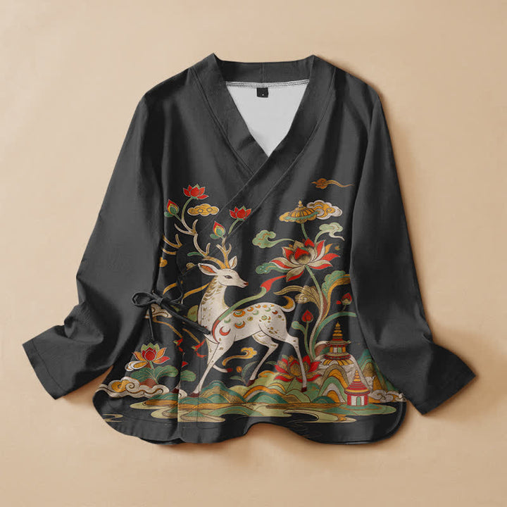 Buddha Stones Cotton Lotus Deer Cloud Print Wrap V-Neck Lace-up Women's Long Sleeve Shirts Kimono - Black - US16，UK/AU20，EU48 (3XL) - image 0
