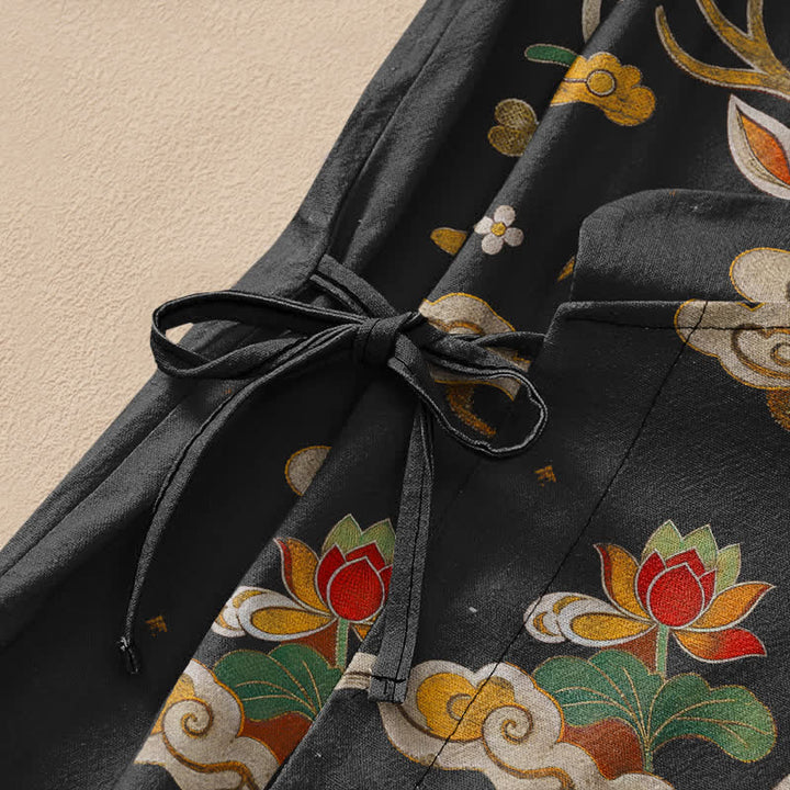Buddha Stones Cotton Lotus Deer Cloud Print Wrap V-Neck Lace-up Women's Long Sleeve Shirts Kimono - image 3