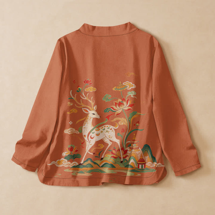 Buddha Stones Cotton Lotus Deer Cloud Print Wrap V-Neck Lace-up Women's Long Sleeve Shirts Kimono - image 6
