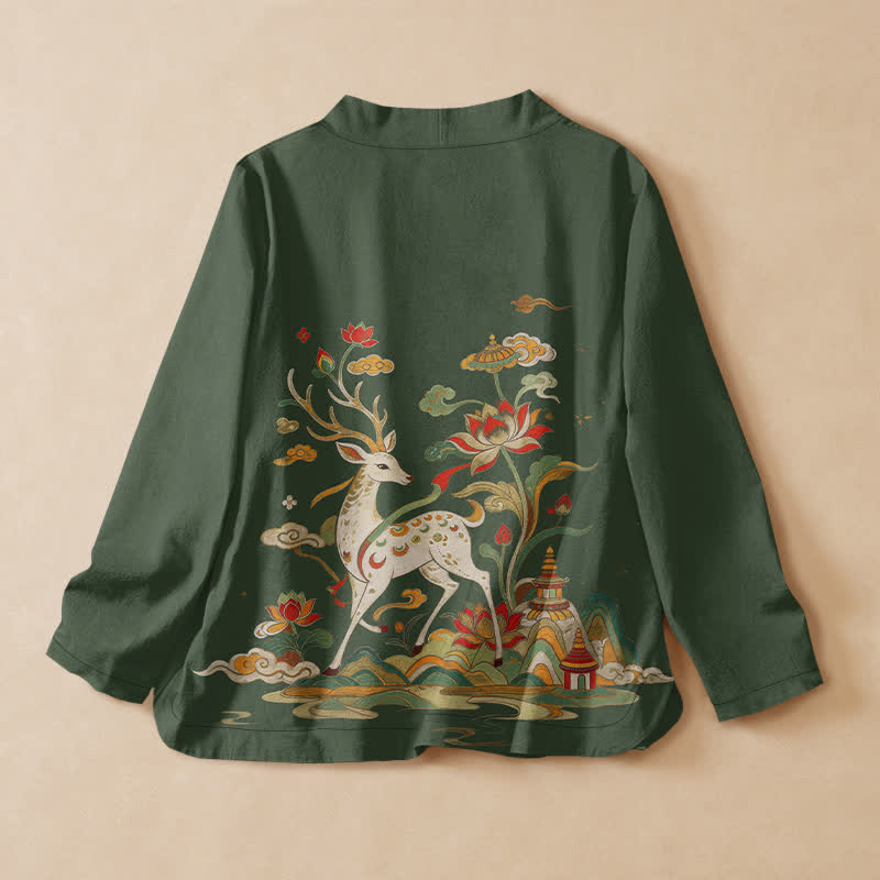 Buddha Stones Cotton Lotus Deer Cloud Print Wrap V-Neck Lace-up Women's Long Sleeve Shirts Kimono - image 8