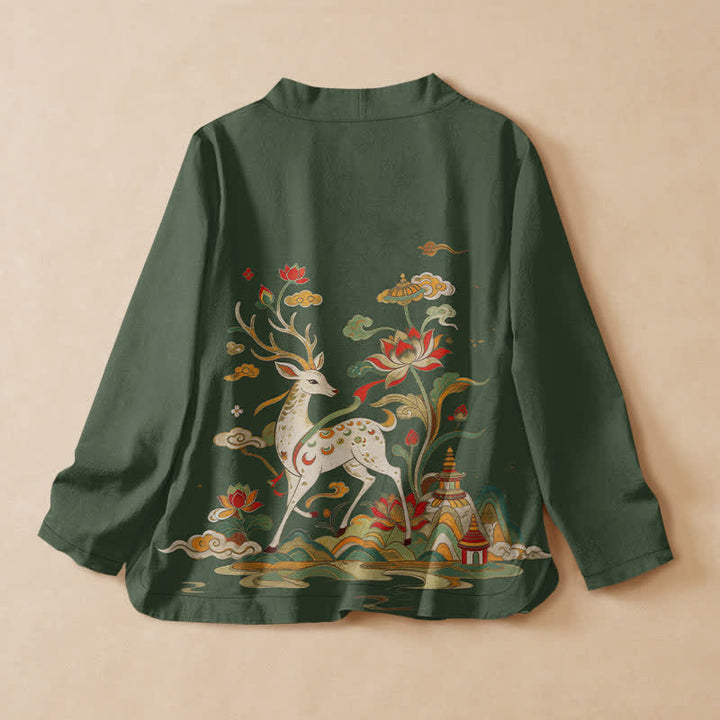 Buddha Stones Cotton Lotus Deer Cloud Print Wrap V-Neck Lace-up Women's Long Sleeve Shirts Kimono - image 8