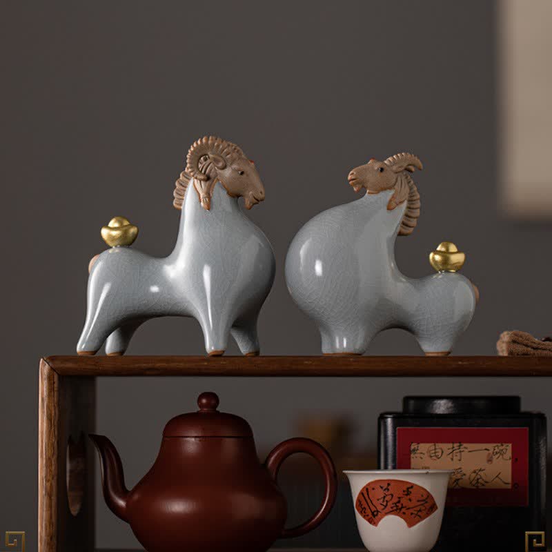 Buddha Stones Ceramic Goat Ram Prosperity Crackle Glaze Cute Animal Decor - image 25