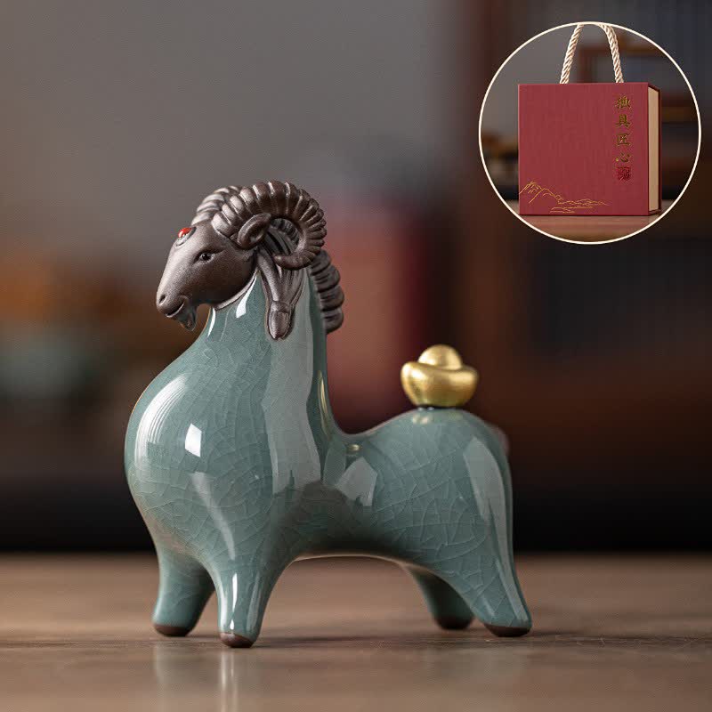 Buddha Stones Ceramic Goat Ram Prosperity Crackle Glaze Cute Animal Decor - Blue Head-Down - image 0