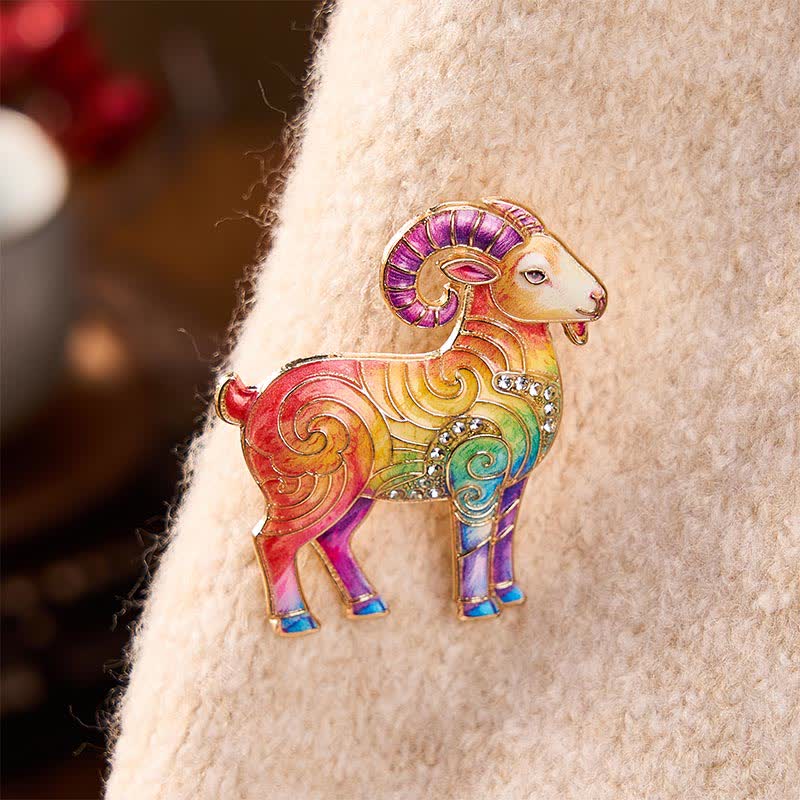 Buddha Stones Year of the Goat Vintage Multicolor Sheep Copper Grounding Rhinestone Brooch - image 1