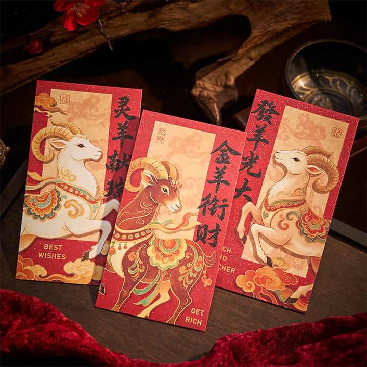 Buddha Stones 6Pcs Year of the Goat Traditional Chinese Year Blessing Red Envelope Set - image 4