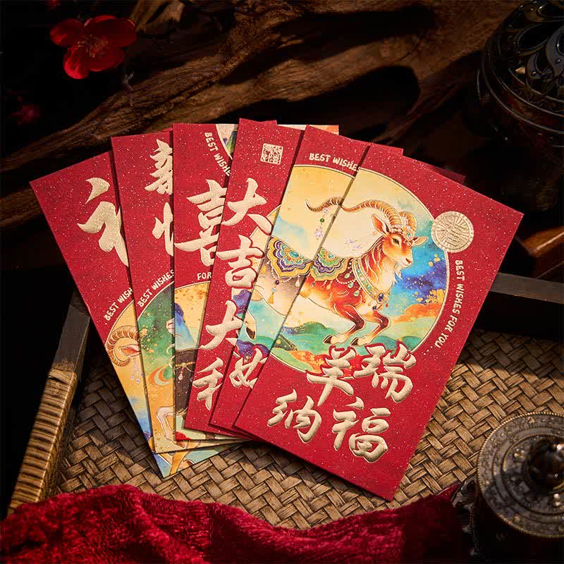 Buddha Stones 6Pcs Year of the Goat Good Fortune Prosperity Chinese New Year Red Envelope Set - image 1