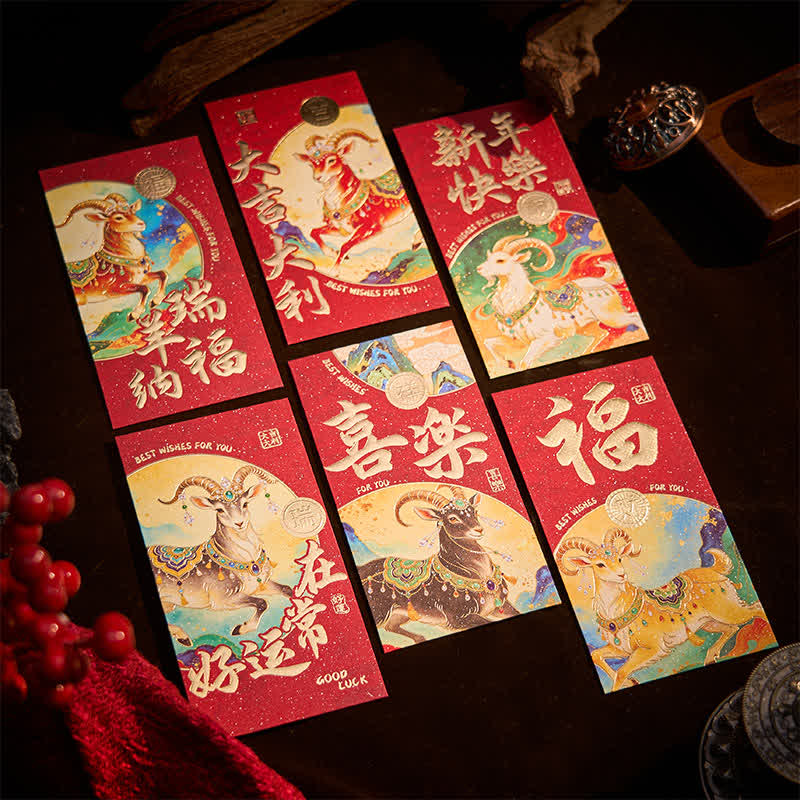 Buddha Stones 6Pcs Year of the Goat Good Fortune Prosperity Chinese New Year Red Envelope Set - image 2