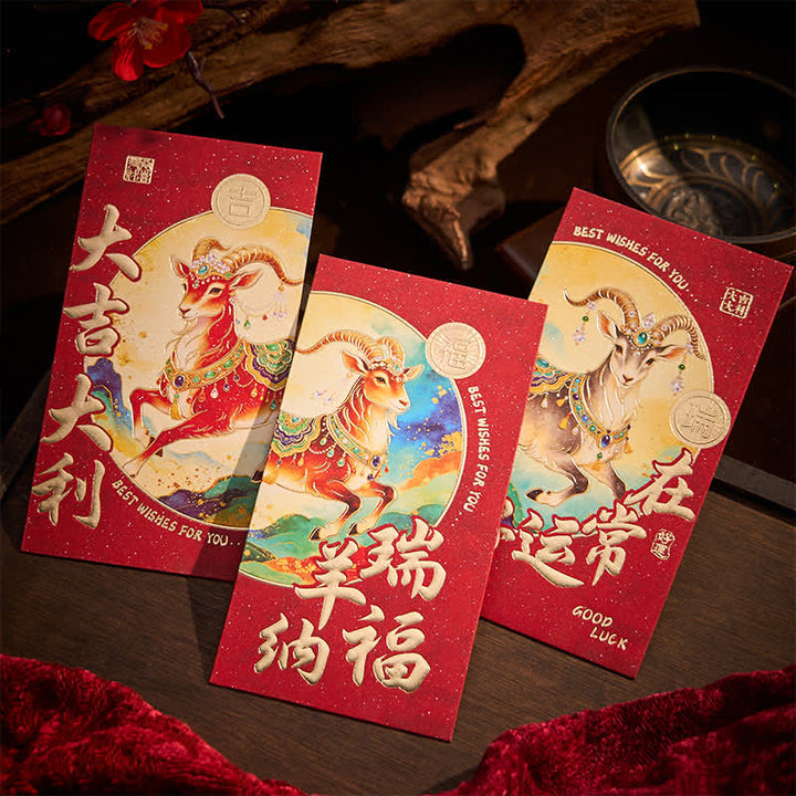 Buddha Stones 6Pcs Year of the Goat Good Fortune Prosperity Chinese New Year Red Envelope Set - image 3