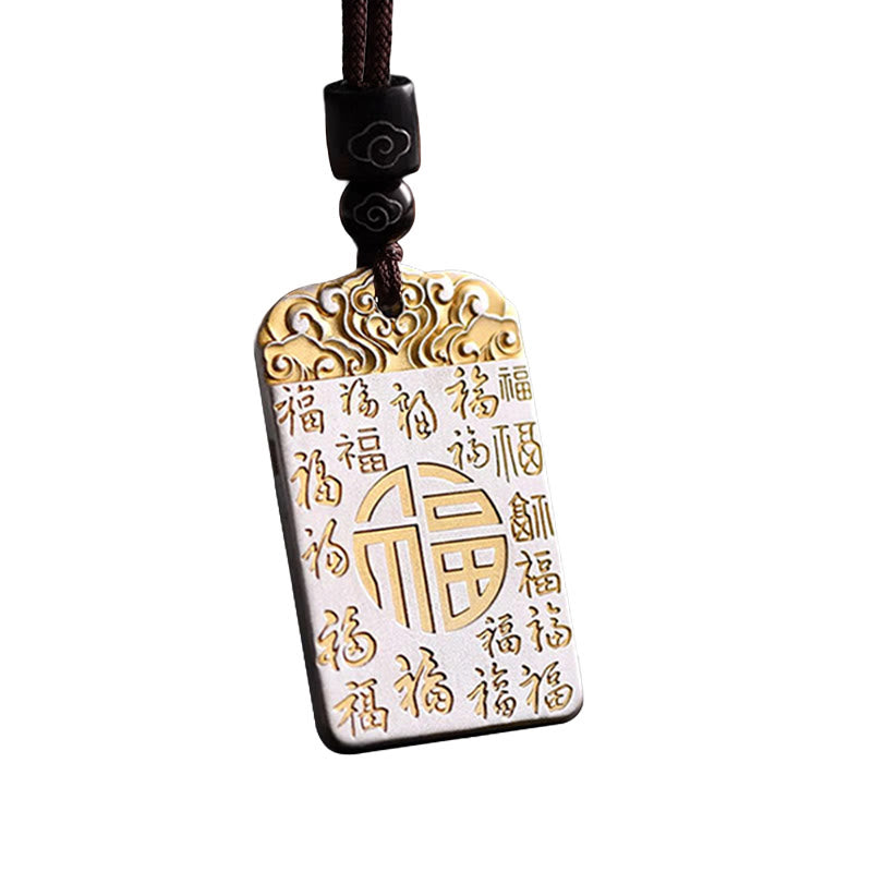Buddha Stones Silver Plated Copper Fu Character Auspicious Clouds Luck Fortune Rope Necklace Pendant - image 8