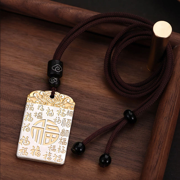 Buddha Stones Silver Plated Copper Fu Character Auspicious Clouds Luck Fortune Rope Necklace Pendant - image 1
