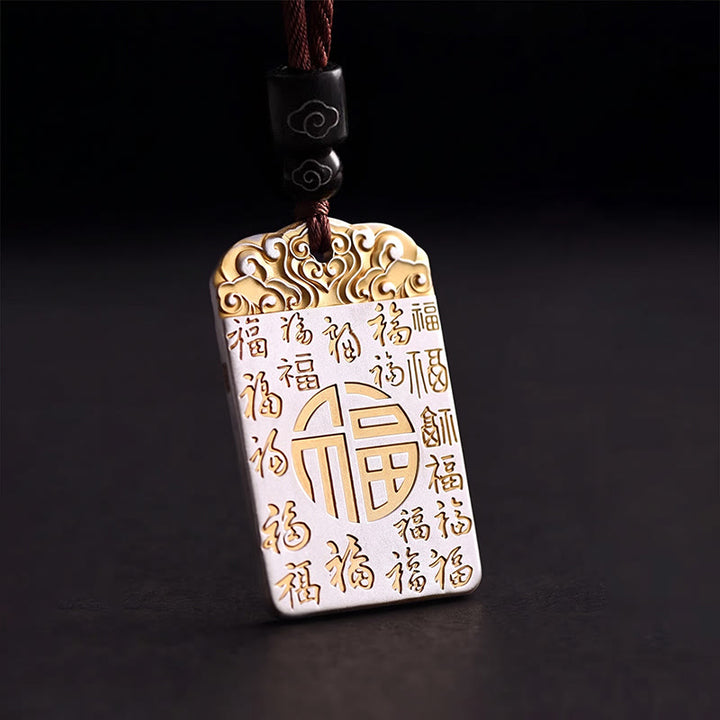 Buddha Stones Silver Plated Copper Fu Character Auspicious Clouds Luck Fortune Rope Necklace Pendant - Fu Character Auspicious Clouds - image 0