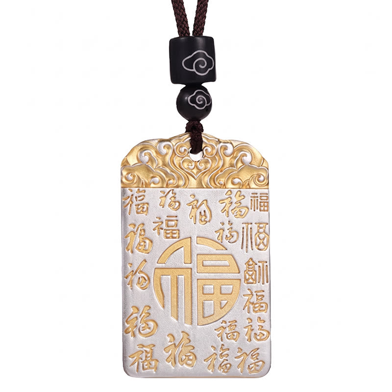 Buddha Stones Silver Plated Copper Fu Character Auspicious Clouds Luck Fortune Rope Necklace Pendant - image 7