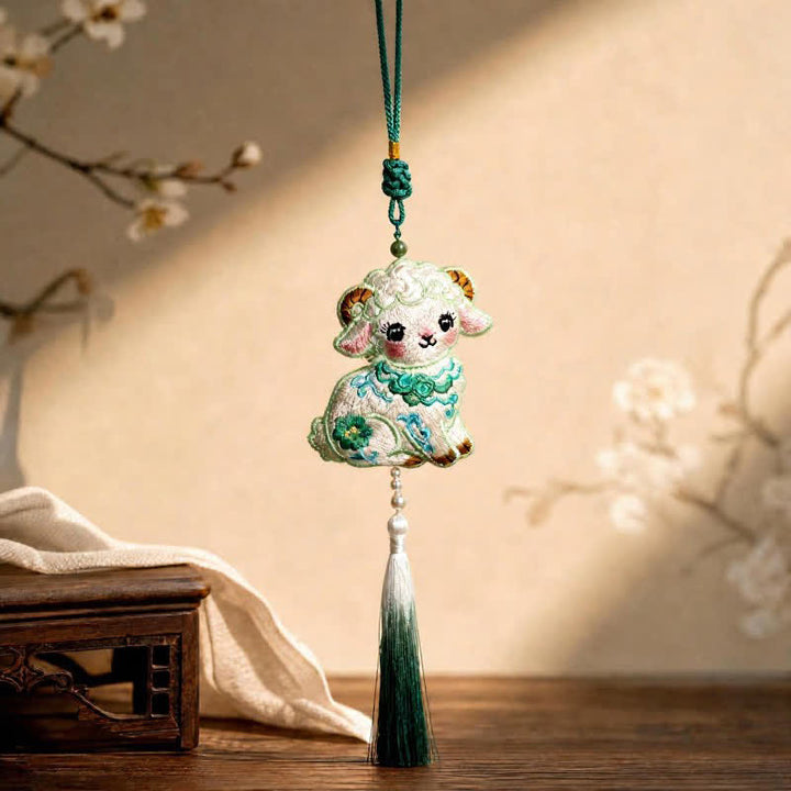 Buddha Stones Fabric Embroidery Goat Cute Car Hanging Decoration - Green - image 2