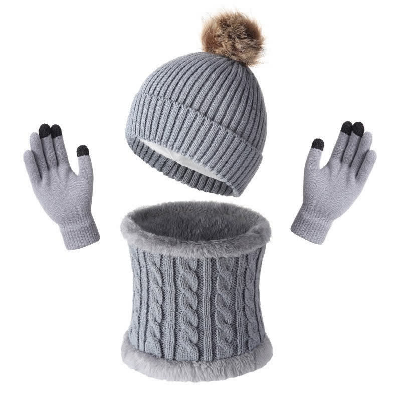 Buddha Stones Fall Winter Ribbed Knit Pom Pom Cozy Women's Scarf Hat Gloves - Gray - image 0