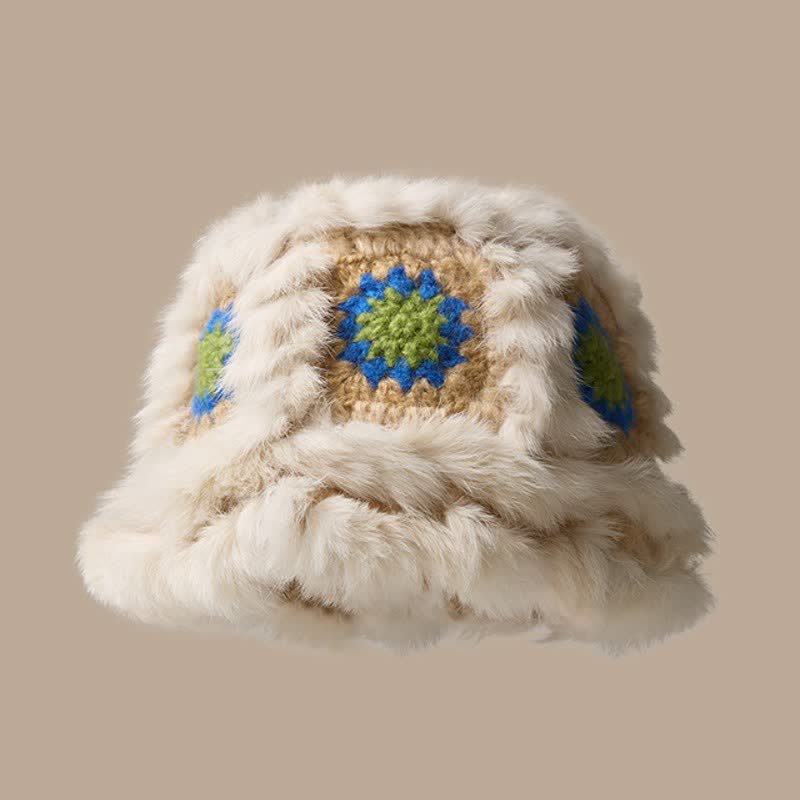 Buddha Stones Fall Winter Plush Geometric Flower Embroidered Bucket Women's Hat - Ivory - image 1