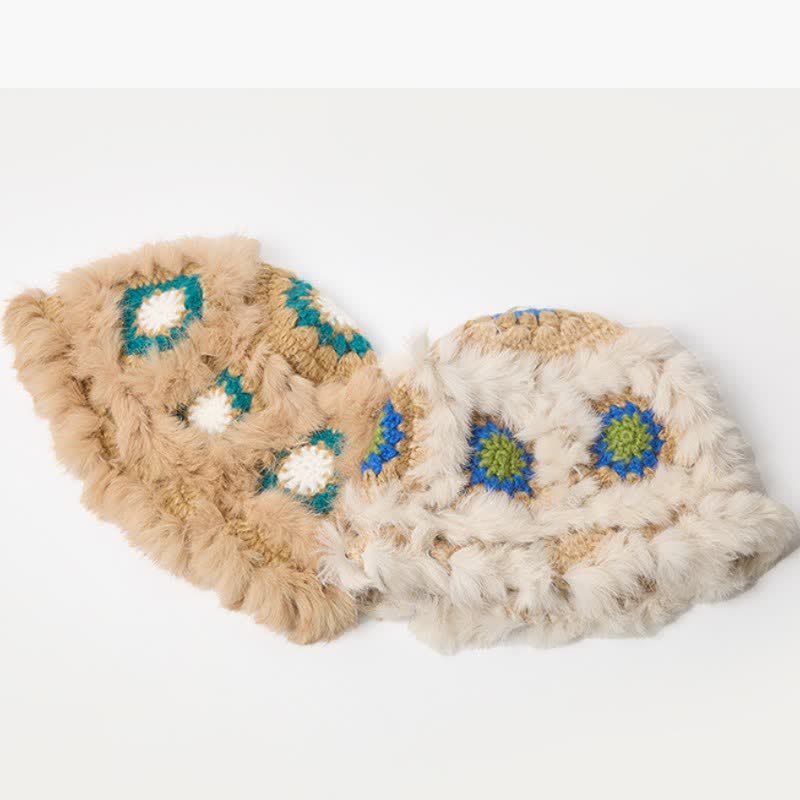 Buddha Stones Fall Winter Plush Geometric Flower Embroidered Bucket Women's Hat - image 5