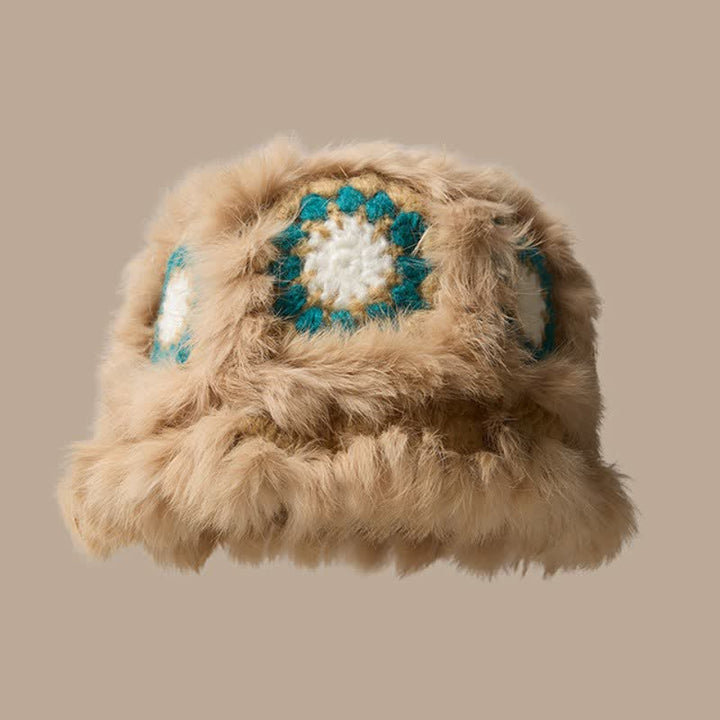Buddha Stones Fall Winter Plush Geometric Flower Embroidered Bucket Women's Hat - BurlyWood - image 2