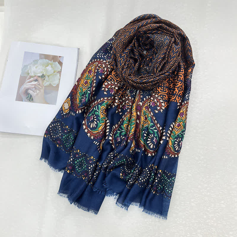 Buddha Stones Spring Fall Ethnic Floral Leaf Print Women's Scarf - MidnightBlue - image 2