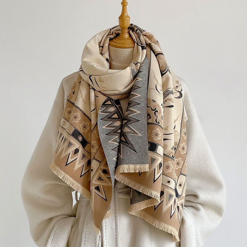 Buddha Stones Fall Winter Neutral Tone Retro Print Fringe Women's Scarf - Beige - image 0