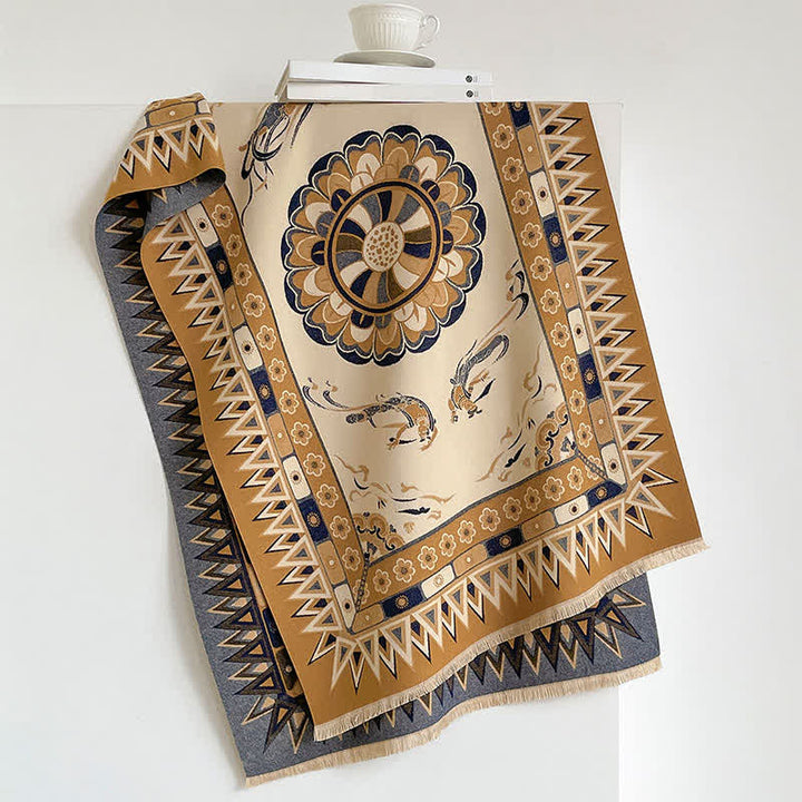 Buddha Stones Fall Winter Neutral Tone Retro Print Fringe Women's Scarf - image 5