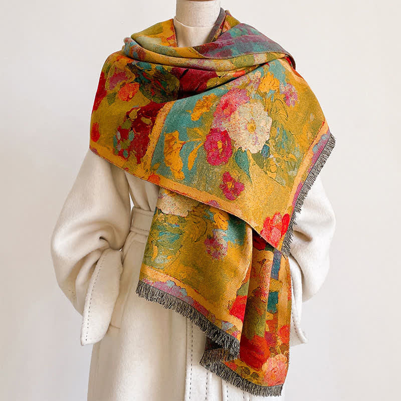 Buddha Stones Fall Winter Multicolor Bloom Pattern Women's Scarf - Gold - image 0