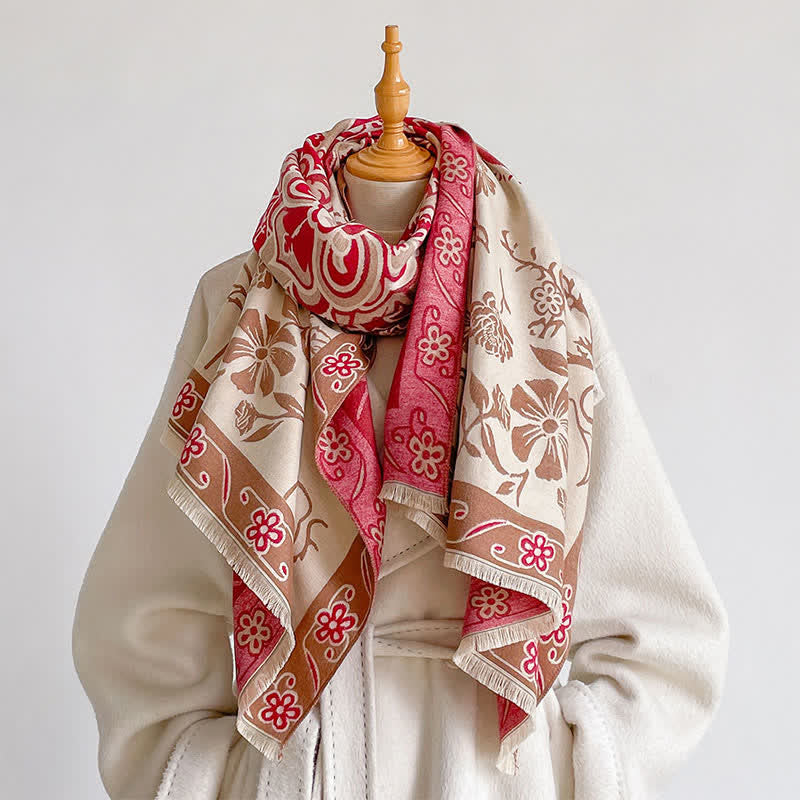Buddha Stones Fall Winter Vintage Floral Tassel Shawl Style Women's Scarf - Crimson - image 6