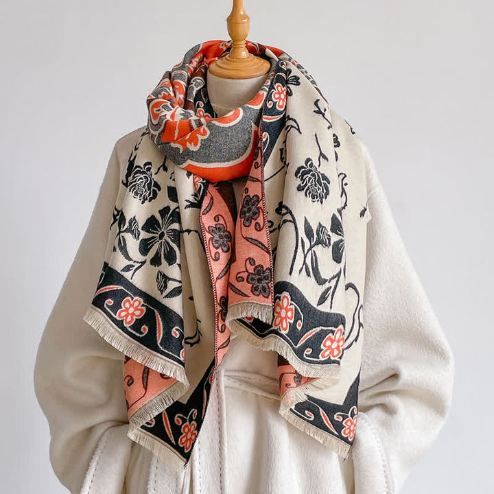 Buddha Stones Fall Winter Vintage Floral Tassel Shawl Style Women's Scarf - OrangeRed - image 8