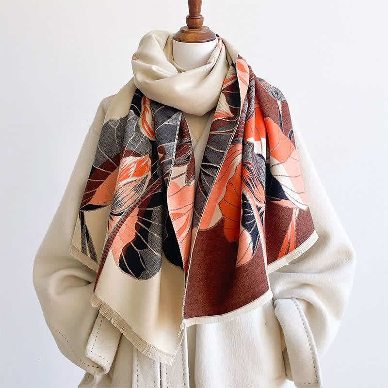 Buddha Stones Spring Fall Lotus Botanical Print Tassel Women's Scarf - SaddleBrown - image 1