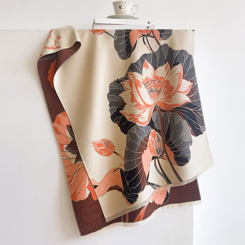 Buddha Stones Spring Fall Lotus Botanical Print Tassel Women's Scarf - image 3