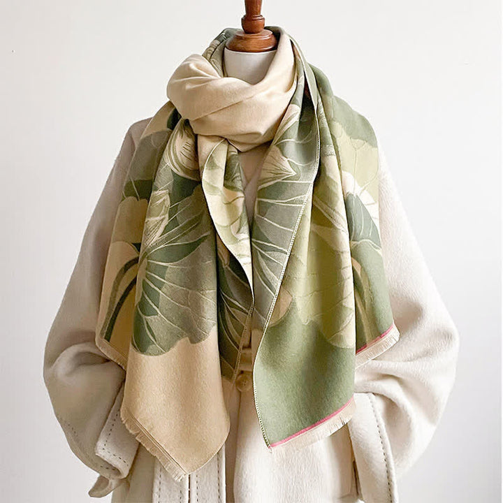 Buddha Stones Spring Fall Lotus Botanical Print Tassel Women's Scarf - OliveDrab - image 14