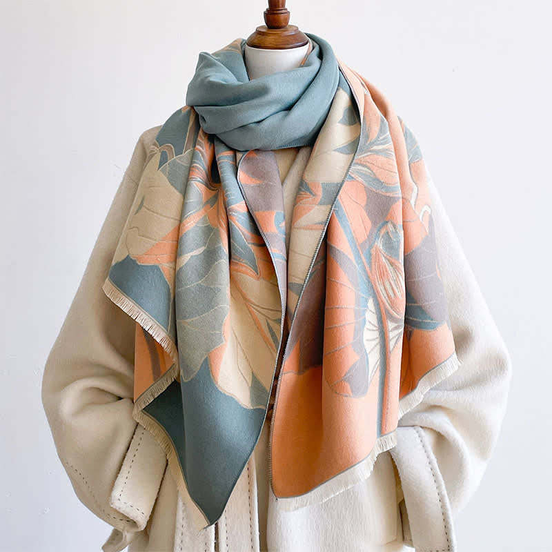 Buddha Stones Spring Fall Lotus Botanical Print Tassel Women's Scarf - LightSalmon - image 4