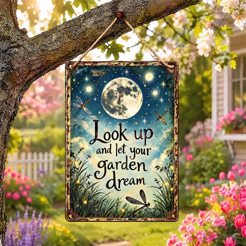 Buddha Stones "Look Up and Let Your Garden Dream" Moon Star Dragonfly Hanging Metal Iron Meaningful Symbols Wall Art - image 0