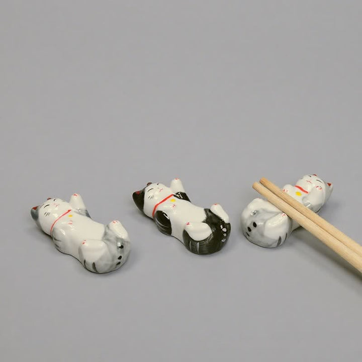 Buddha Stones Glossy Ceramic Reclining Lucky Cat Chopstick Holder - image 5