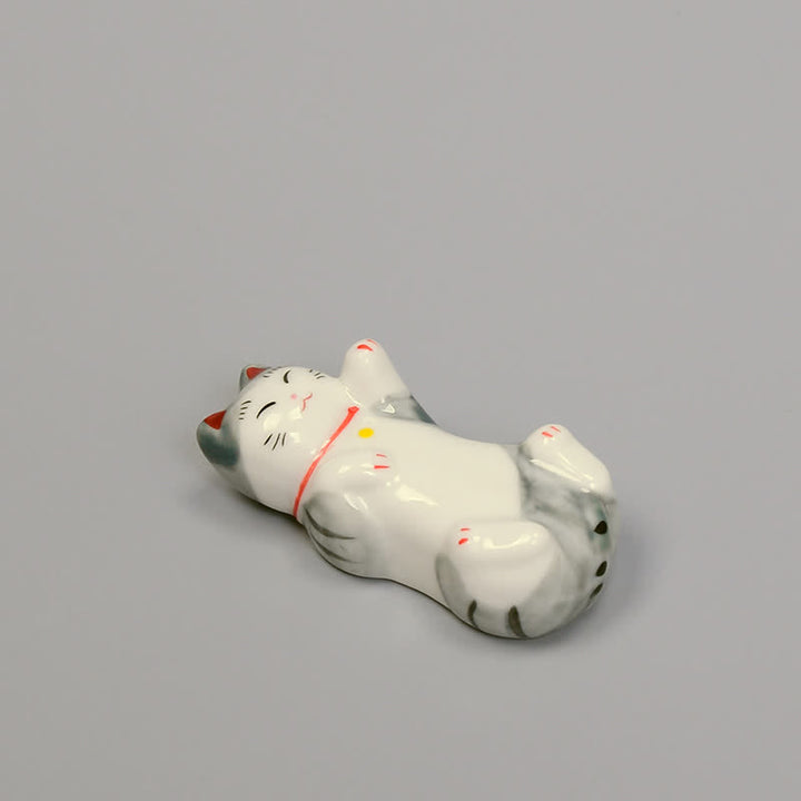 Buddha Stones Glossy Ceramic Reclining Lucky Cat Chopstick Holder - Gray(Approx. 6.5 cm × 3 cm × 2 cm) - image 1